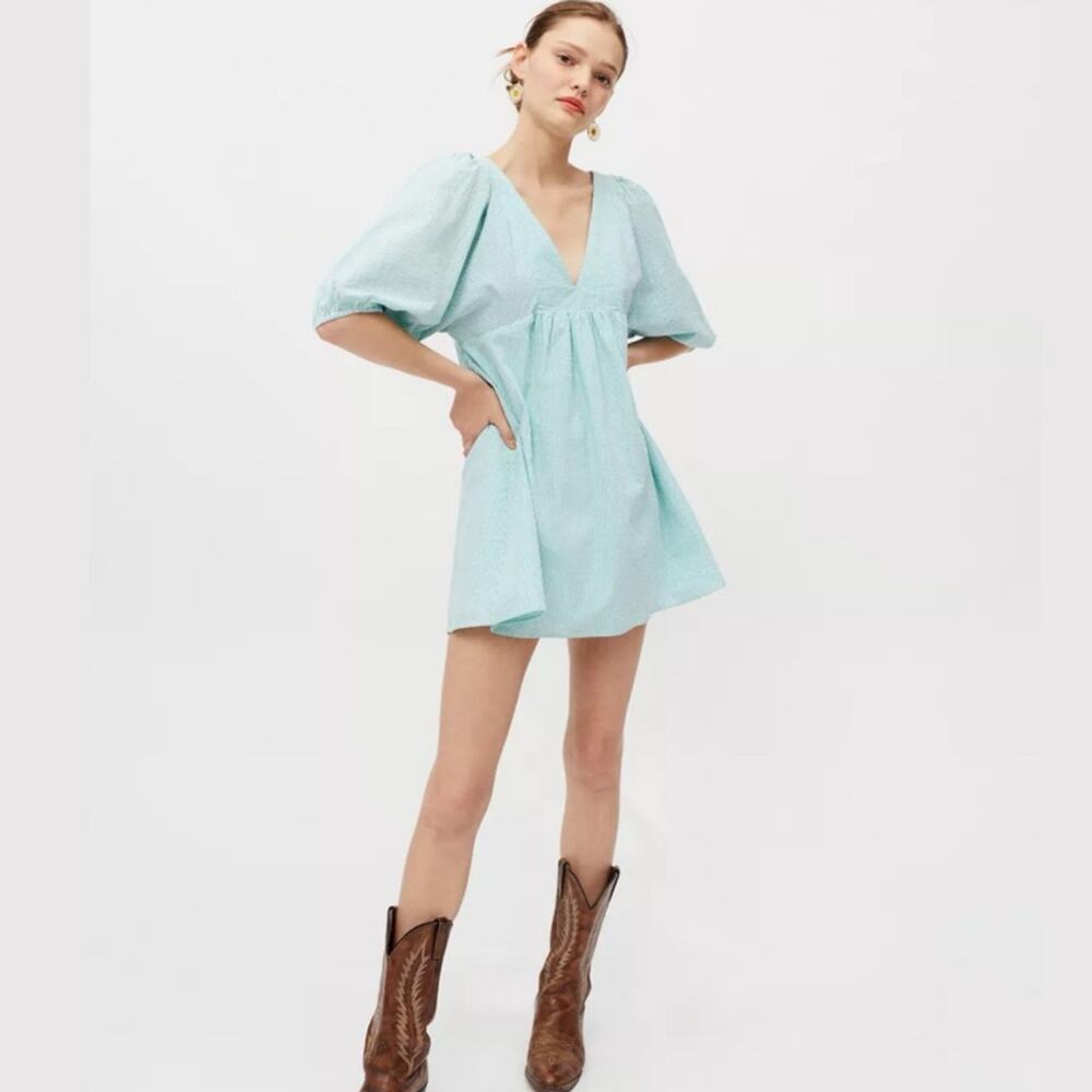 Urban Outfitters Charolette Green White Seersucker Stripe Babydoll Mini Dress S